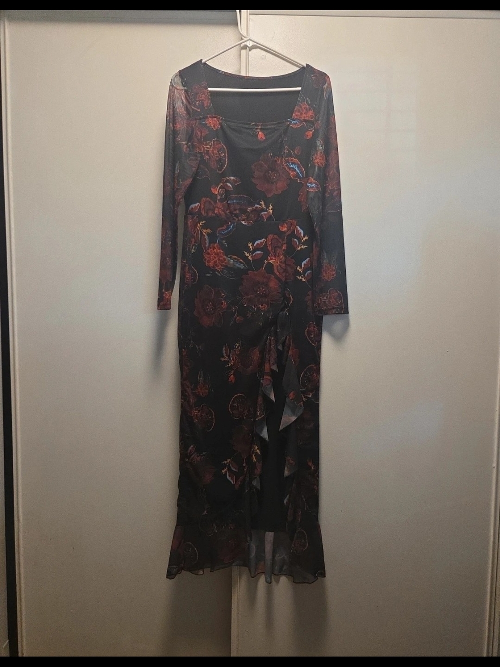 SHEIN Black Long-Sleeve Floral Maxi Dress with Red Accents